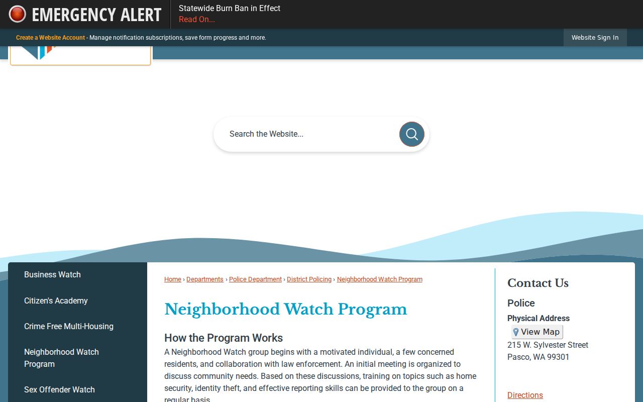 City of Pasco Neighborhood Watch program page for civic block contacts